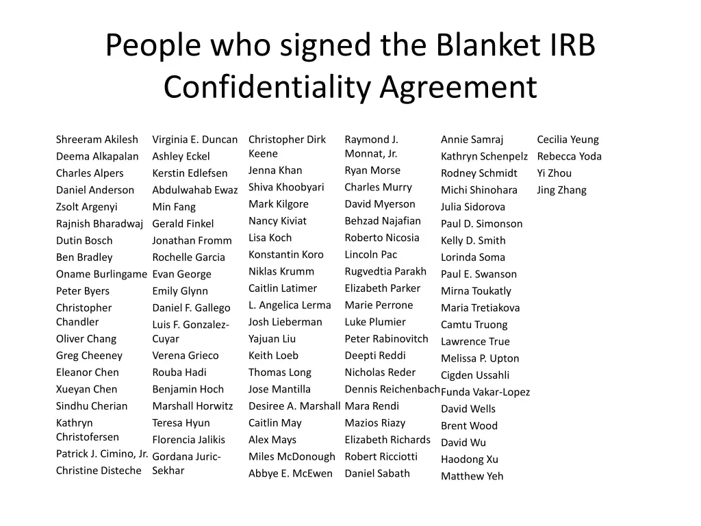 people who signed the blanket irb confidentiality