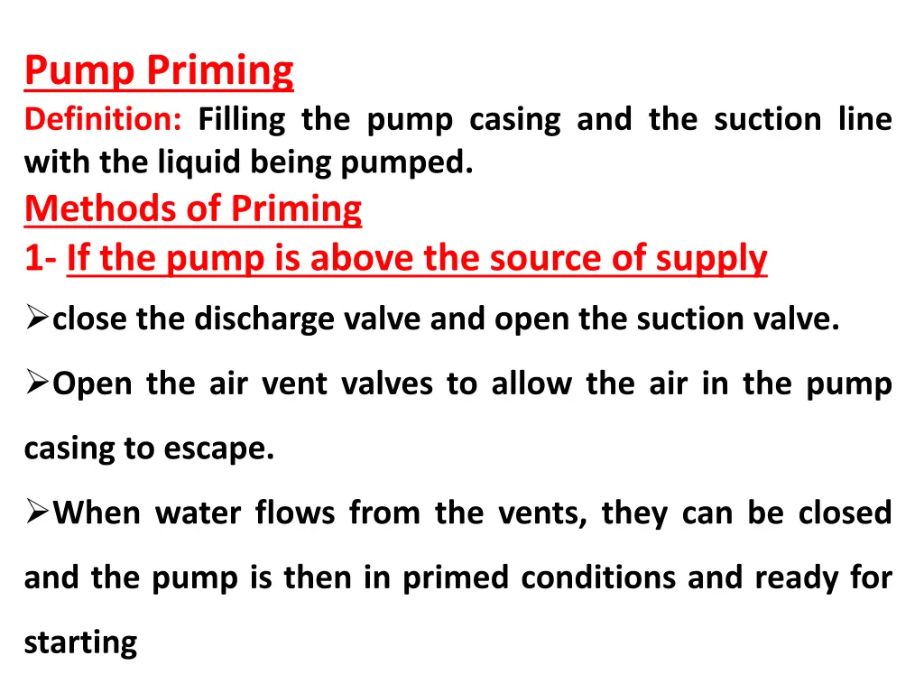 pump priming definition filling the pump casing