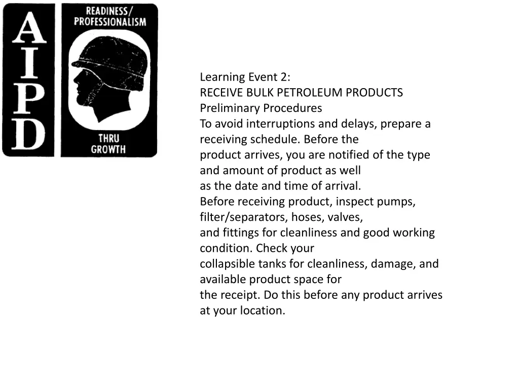 learning event 2 receive bulk petroleum products