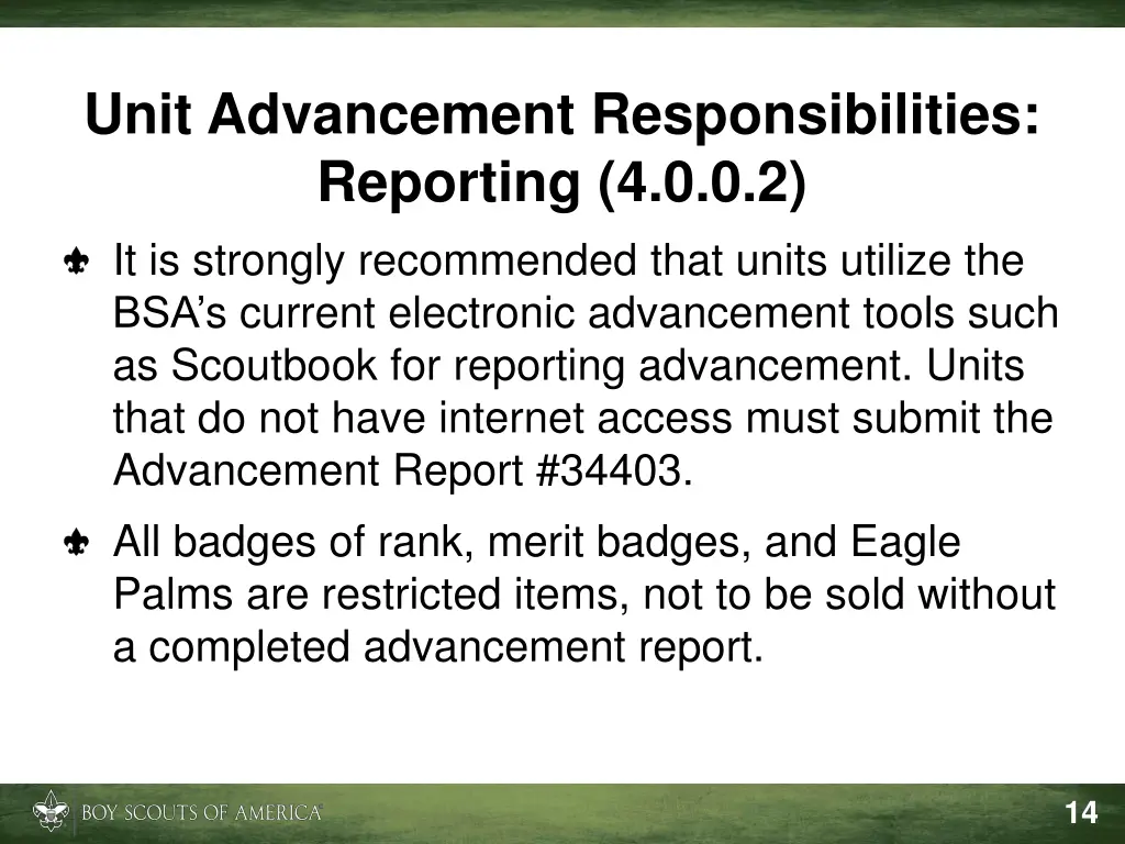 unit advancement responsibilities reporting