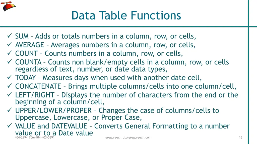 data table functions