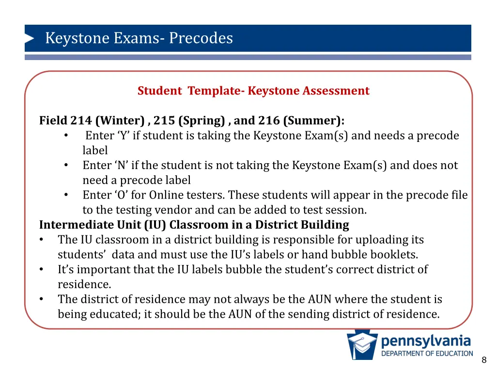 keystone exams precodes 6