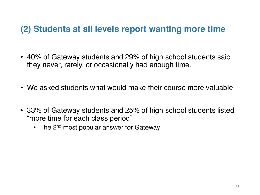 2 students at all levels report wanting more time