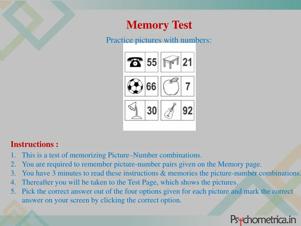 memory test practice pictures with numbers