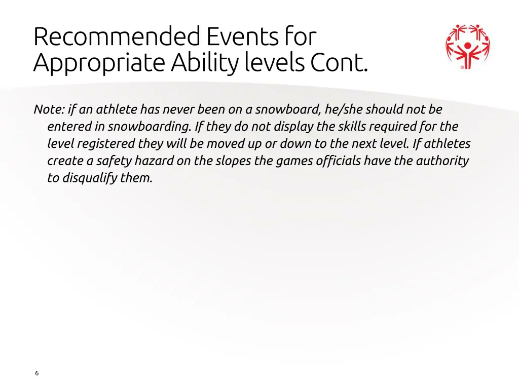 recommended events for appropriate ability levels 1