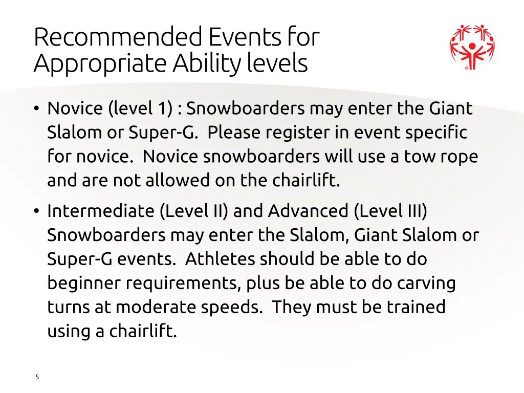 recommended events for appropriate ability levels