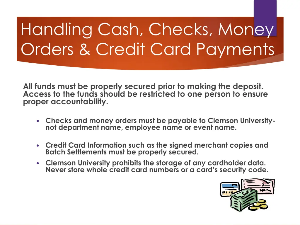 handling cash checks money orders credit card