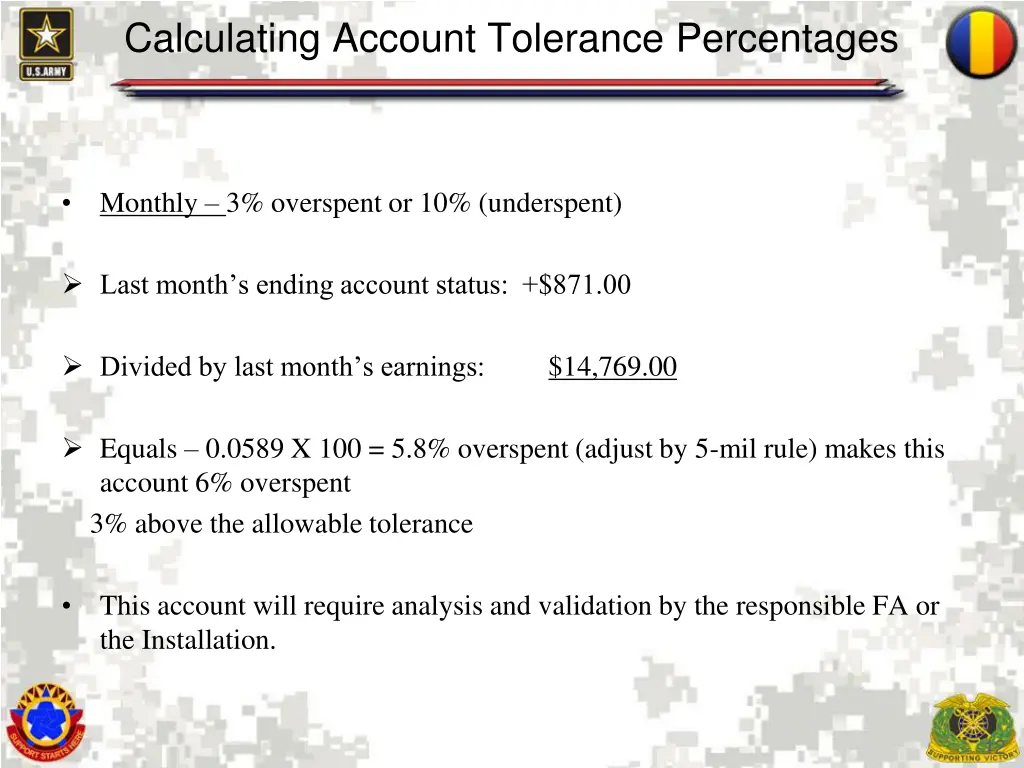 calculating account tolerance percentages