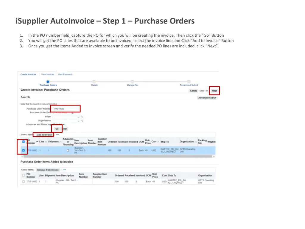 isupplier autoinvoice step 1 purchase orders