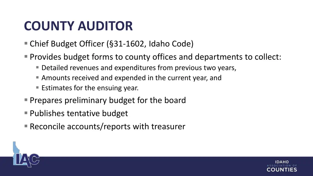 county auditor chief budget officer 31 1602 idaho