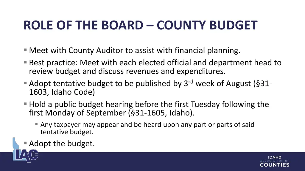 role of the board county budget