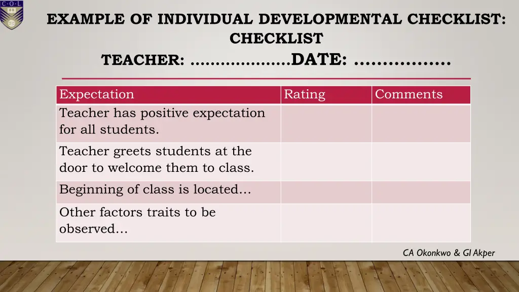 example of individual developmental checklist