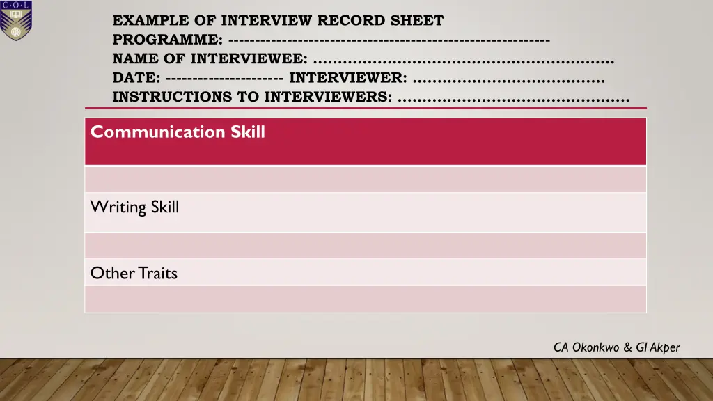 example of interview record sheet programme name