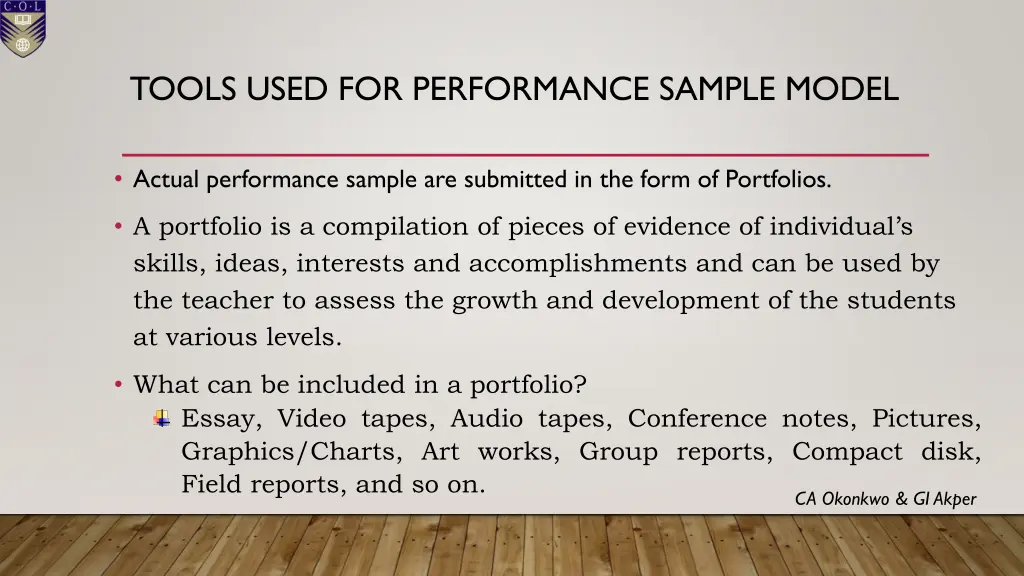 tools used for performance sample model