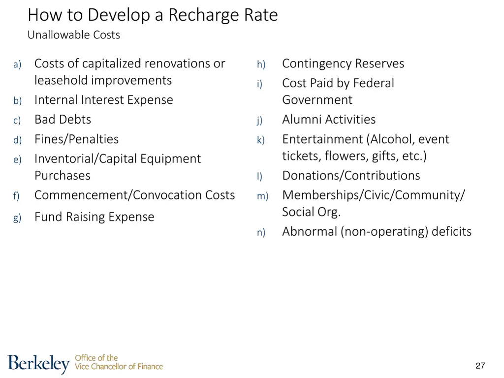 how to develop a recharge rate unallowable costs