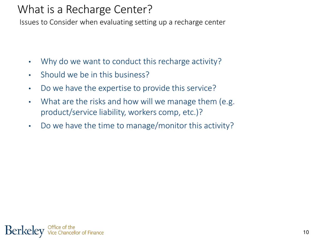 what is a recharge center issues to consider when