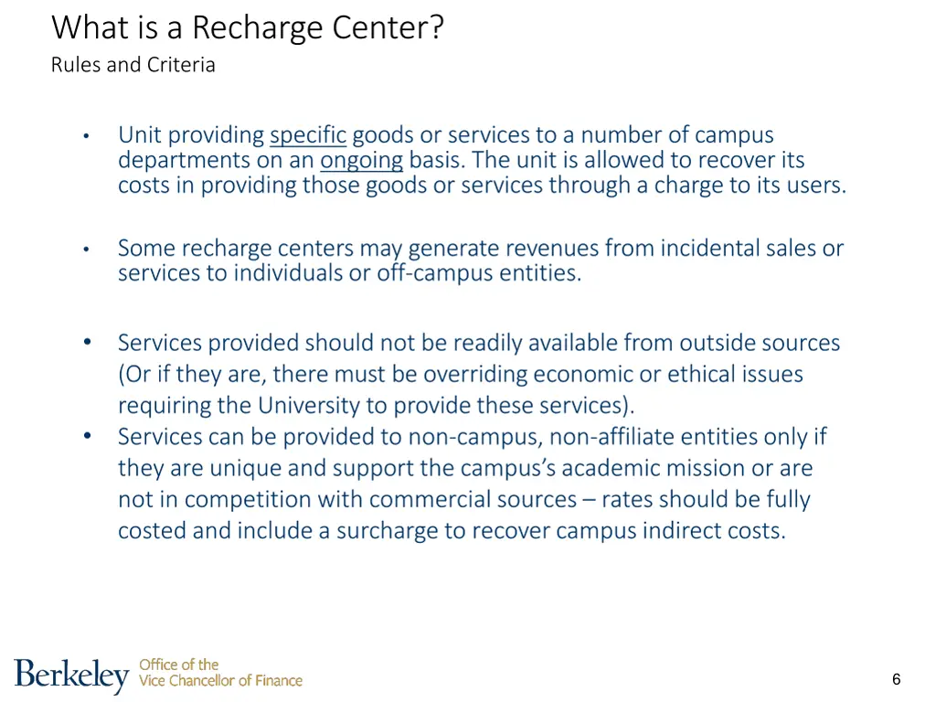 what is a recharge center rules and criteria