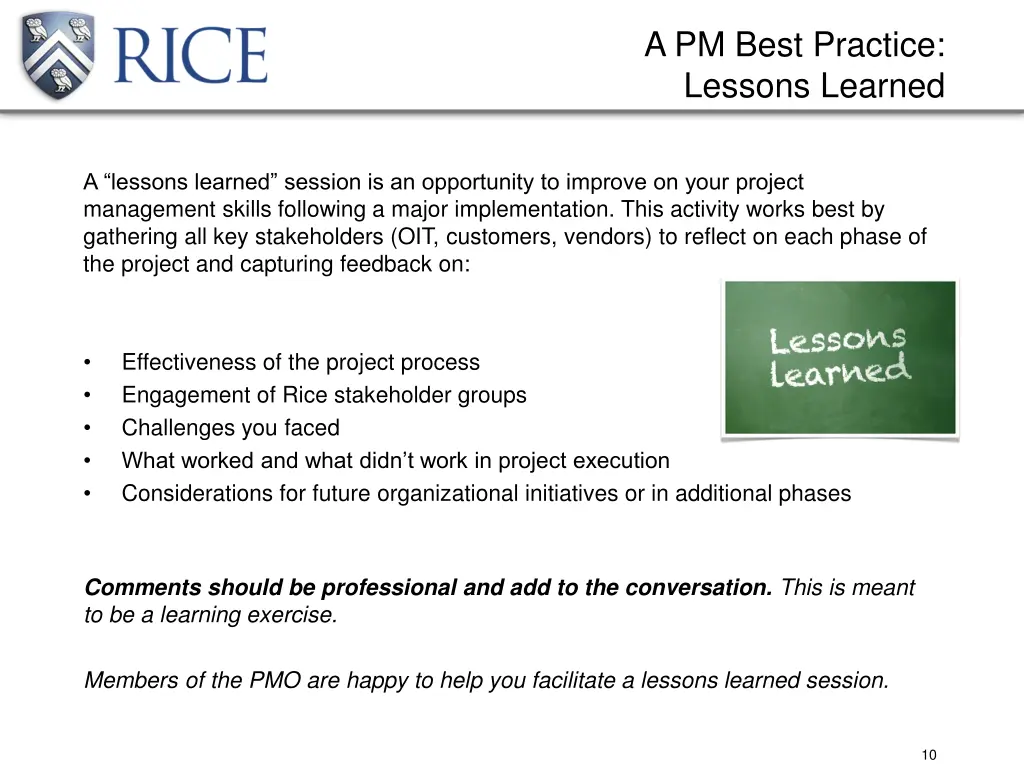 a pm best practice lessons learned