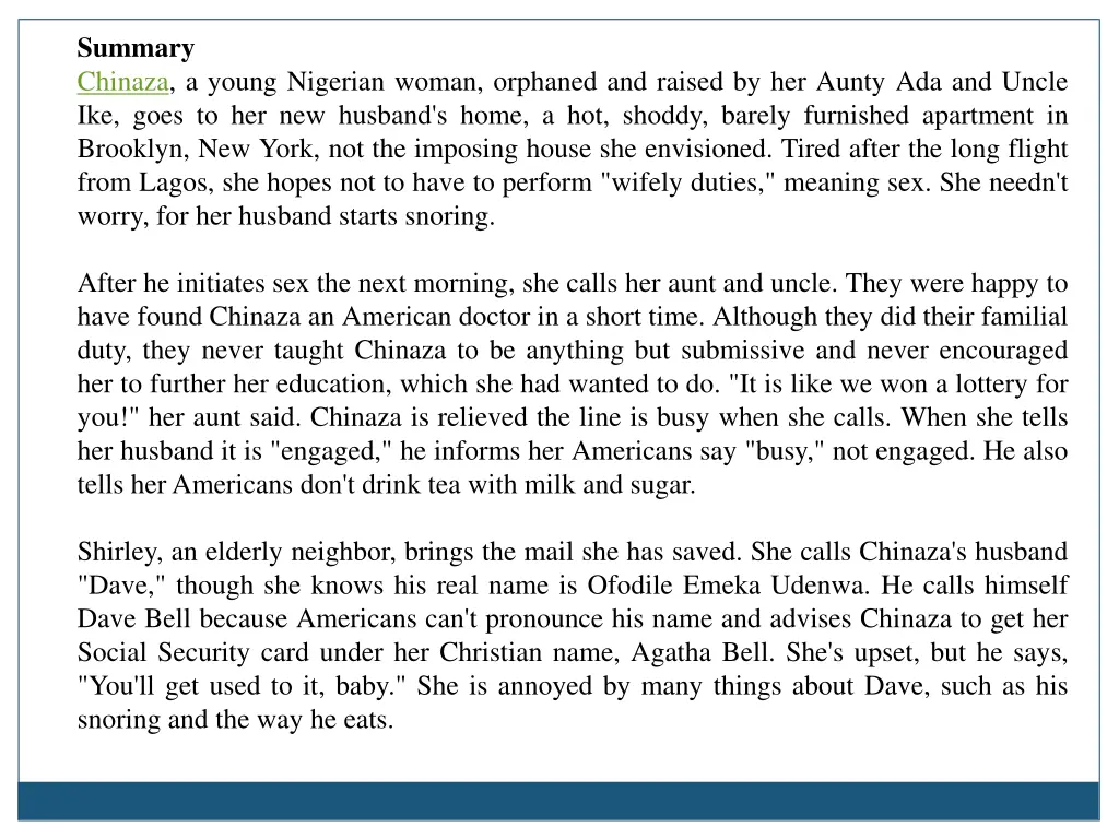 summary chinaza a young nigerian woman orphaned