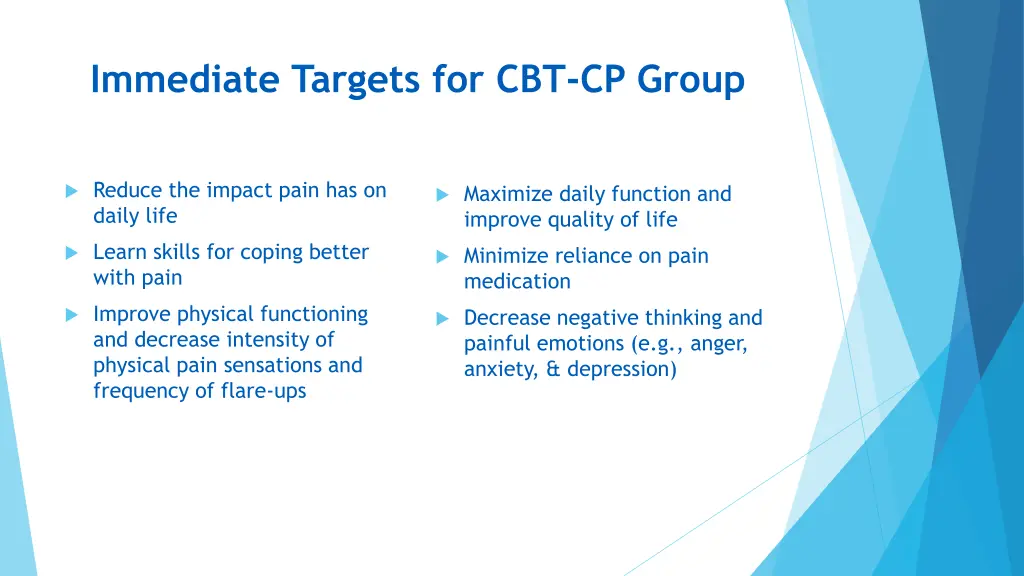 immediate targets for cbt cp group