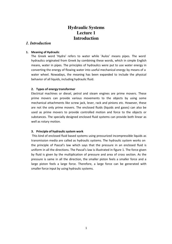 hydraulic systems lecture 1 introduction