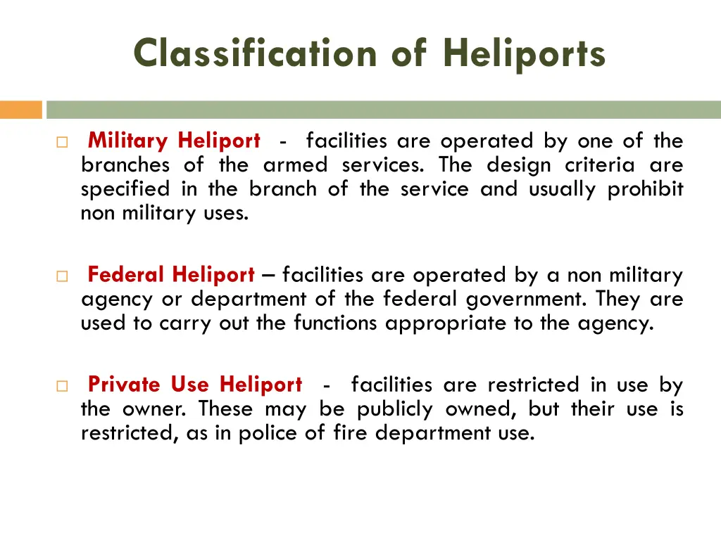 classification of heliports