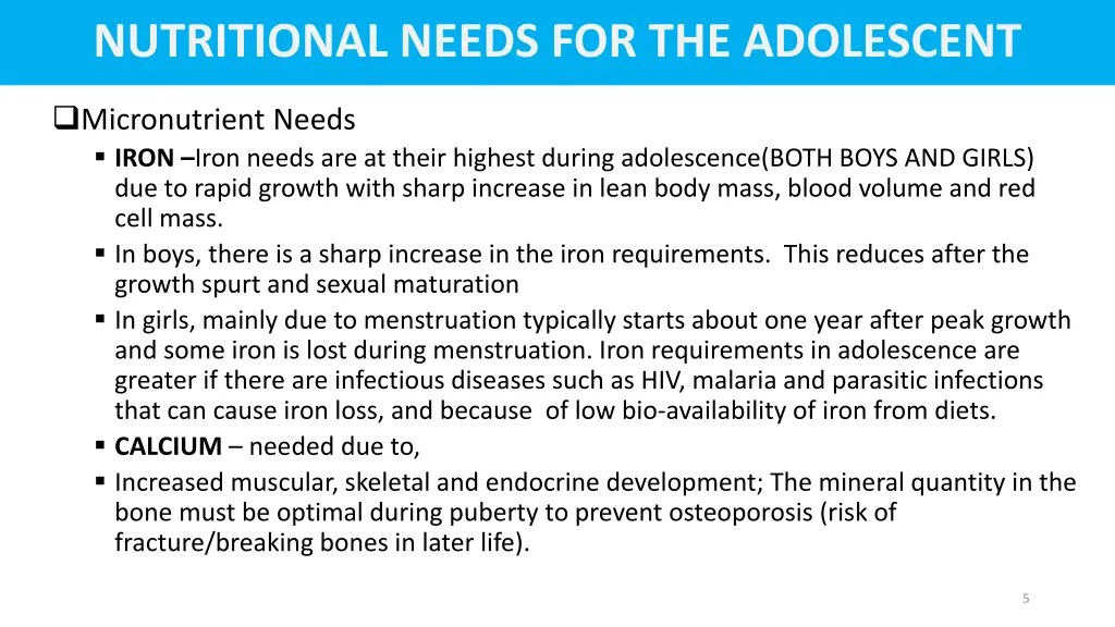 nutritional needs for the adolescent