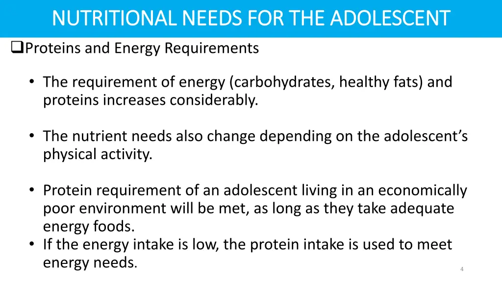 nutritional needs for the adolescent nutritional