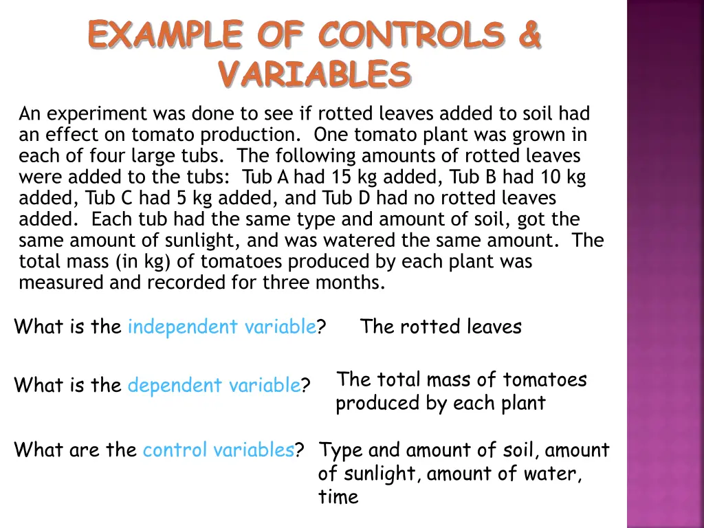 example of controls variables an experiment