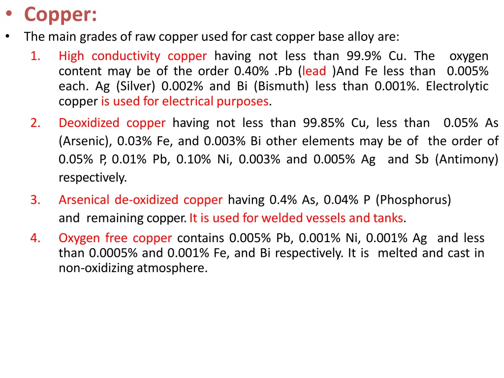 copper the main grades of raw copper used