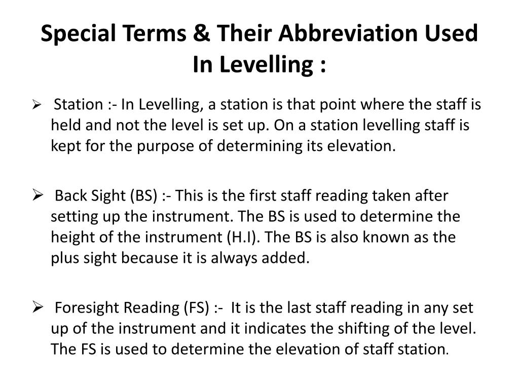 special terms their abbreviation used in levelling