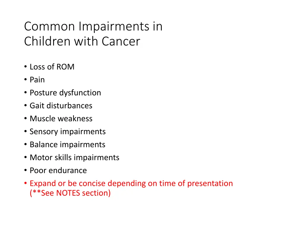 common impairments in children with cancer