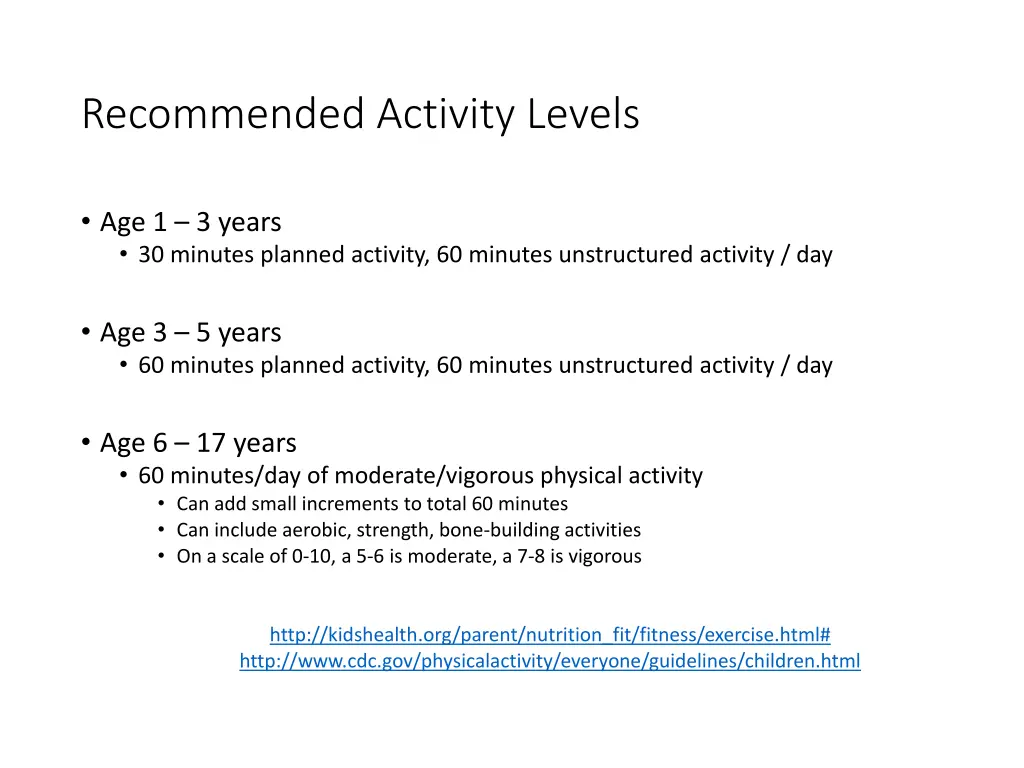 recommended activity levels