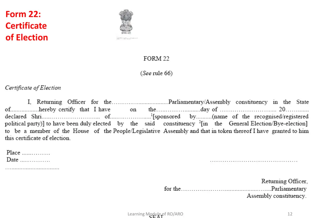 form 22 certificate of election