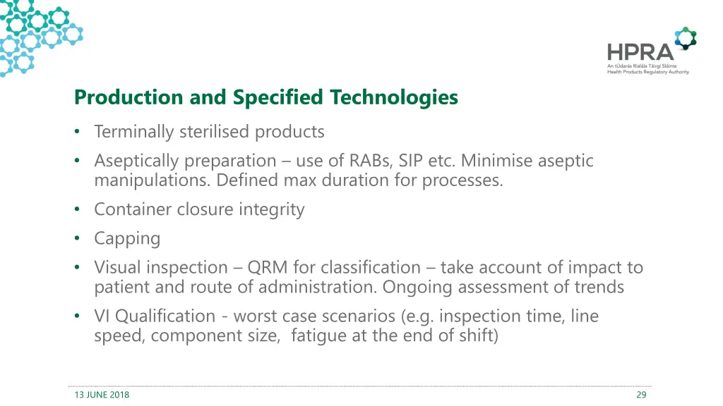 production and specified technologies terminally