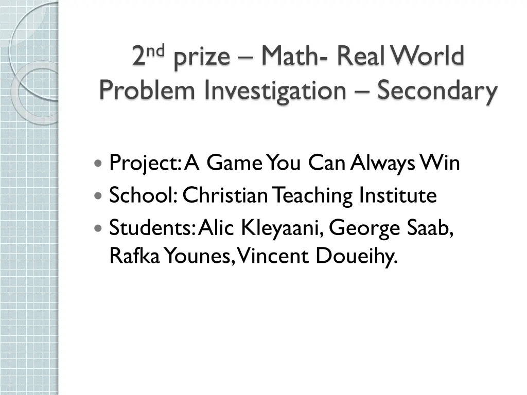 2 nd prize math real world problem investigation 2