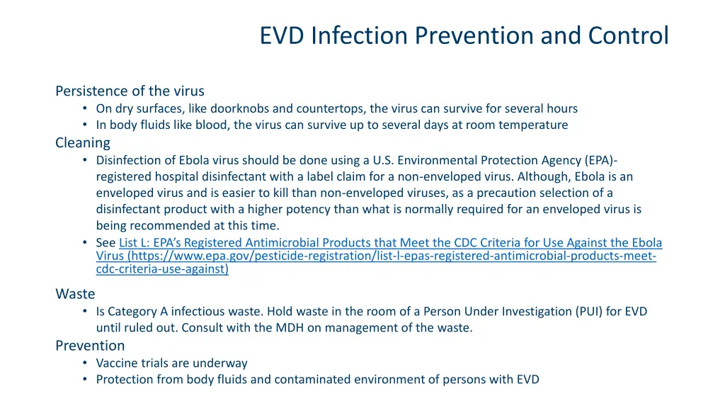 evd infection prevention and control