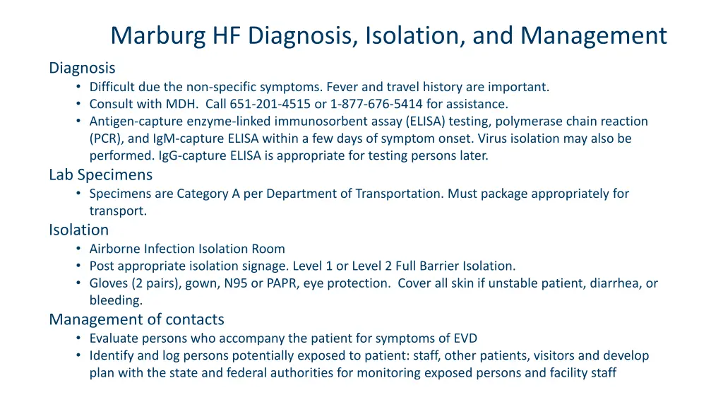 marburg hf diagnosis isolation and management