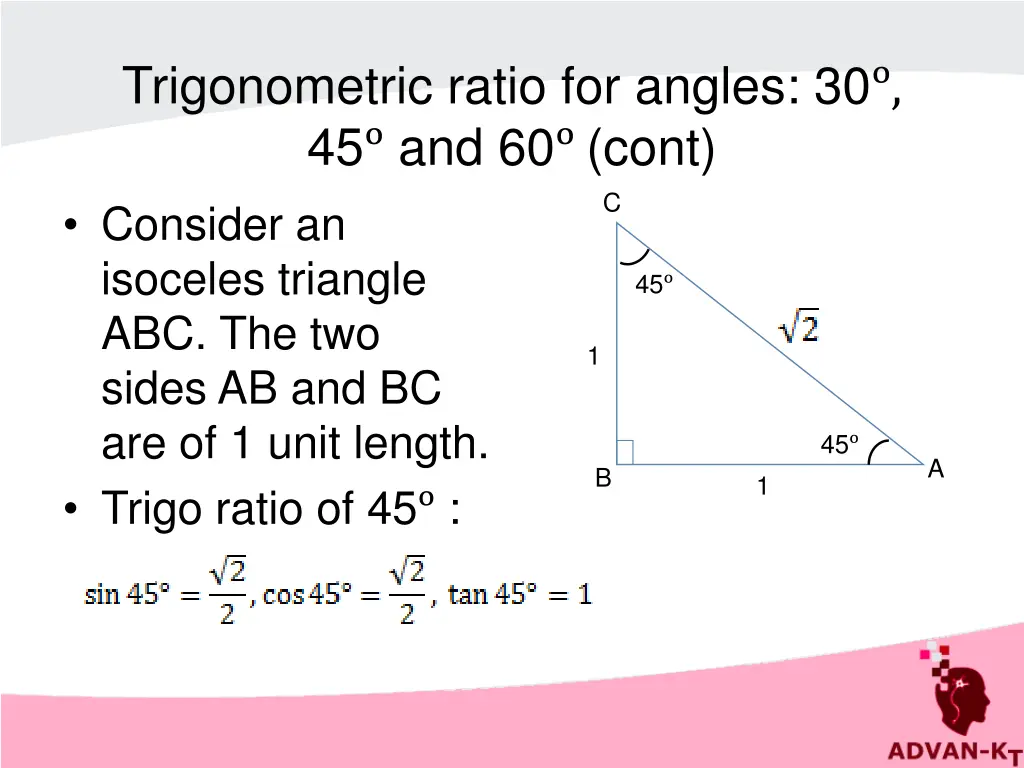 trigonometric ratio for angles 30 45 and 60 cont