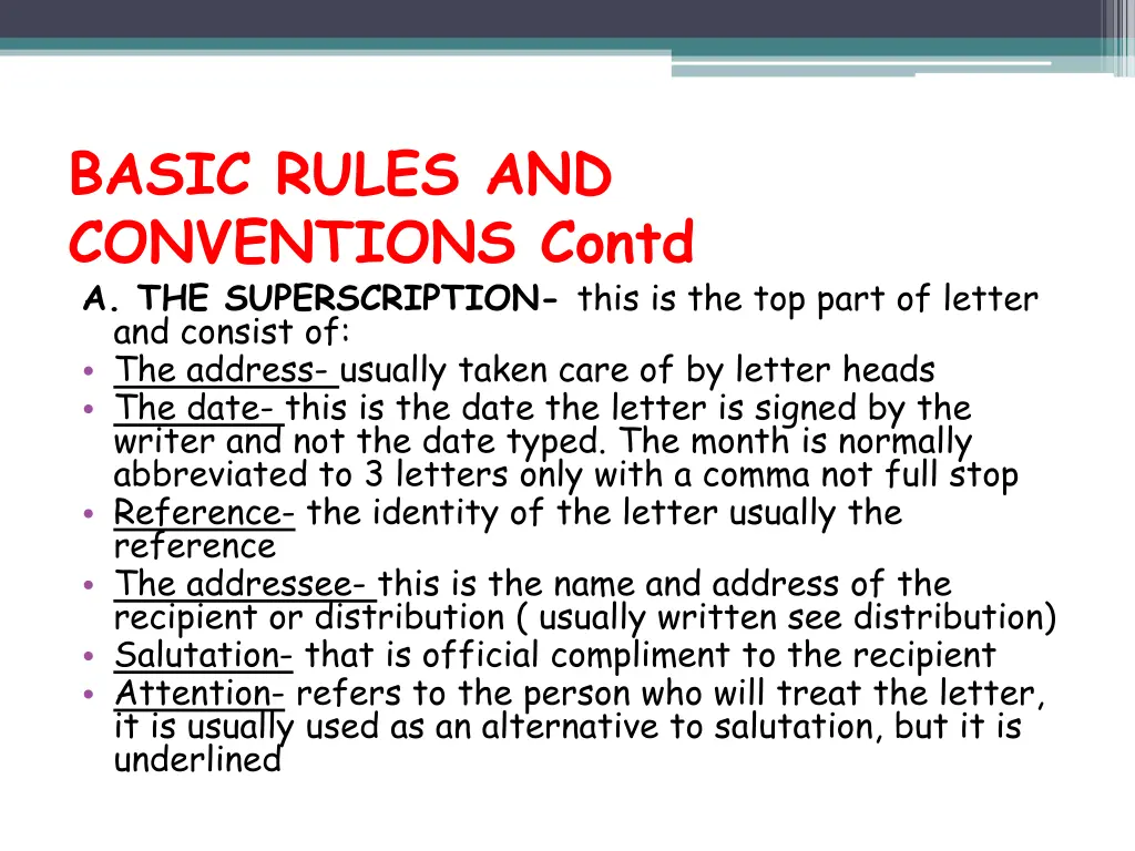 basic rules and conventions contd