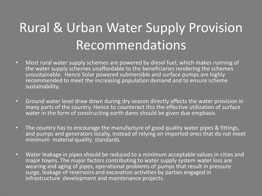 rural urban water supply provision recommendations