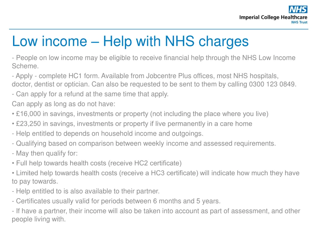 low income help with nhs charges