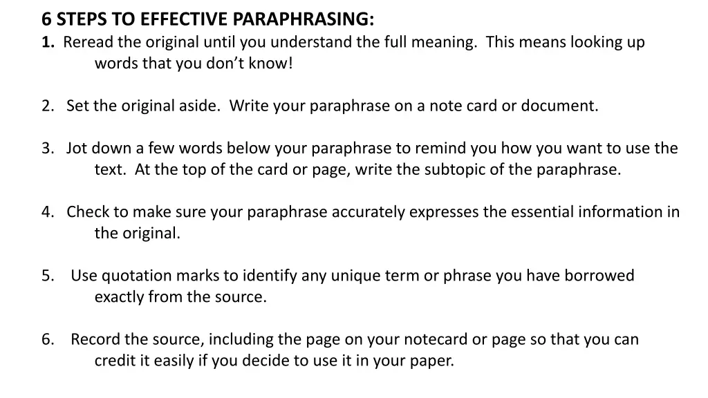 6 steps to effective paraphrasing 1 reread