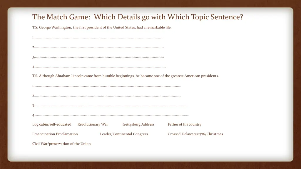 the match game which details go with which topic