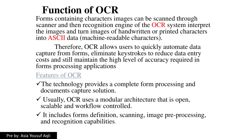 function of ocr forms containing characters