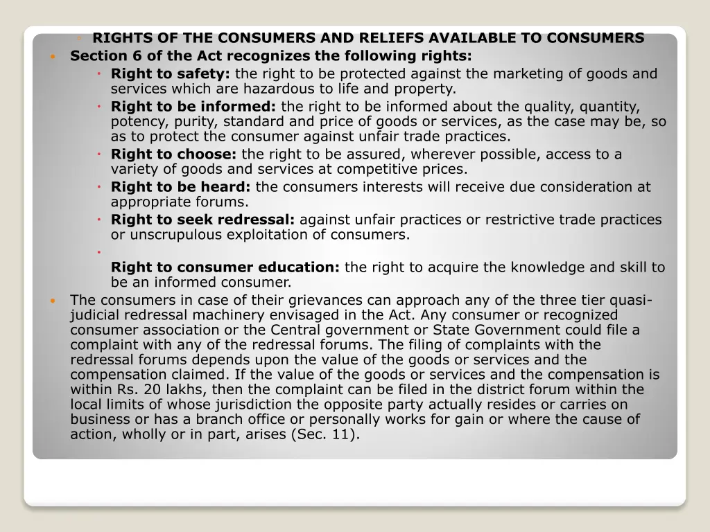 rights of the consumers and reliefs available