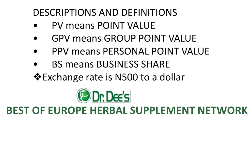 descriptions and definitions pv means point value