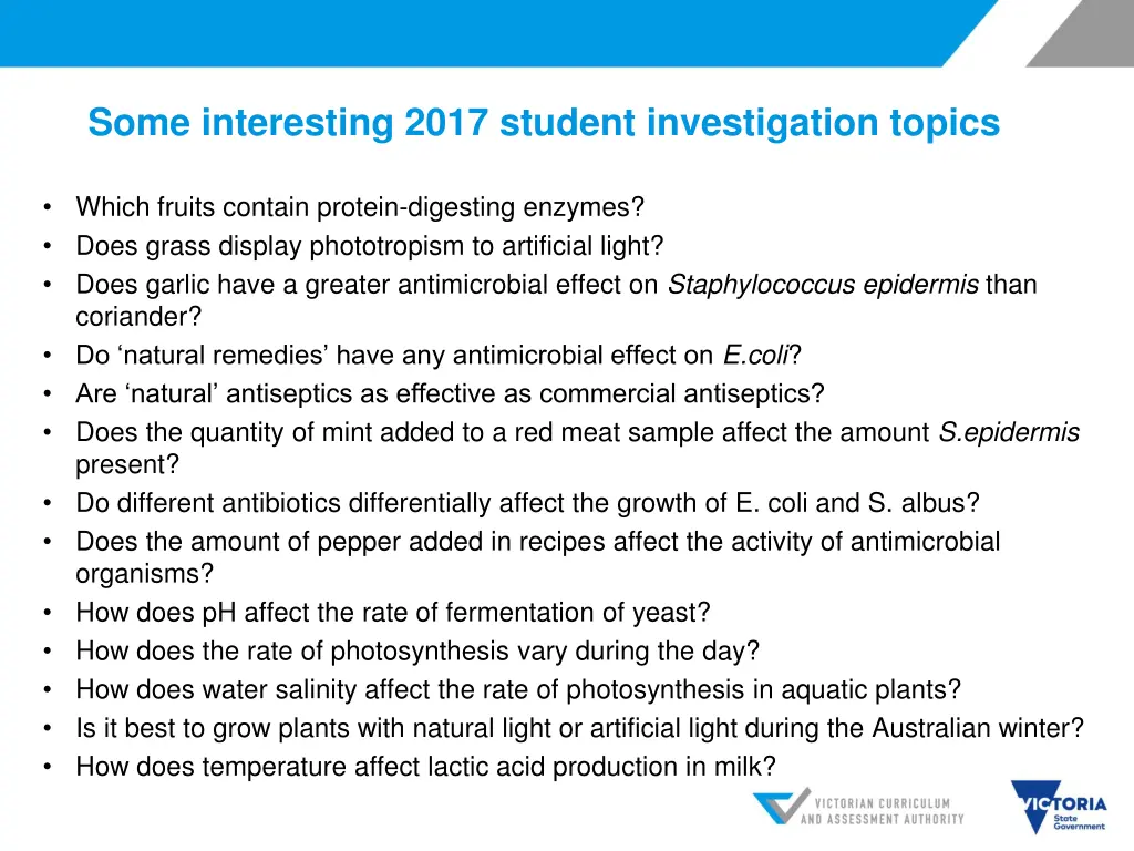 some interesting 2017 student investigation topics