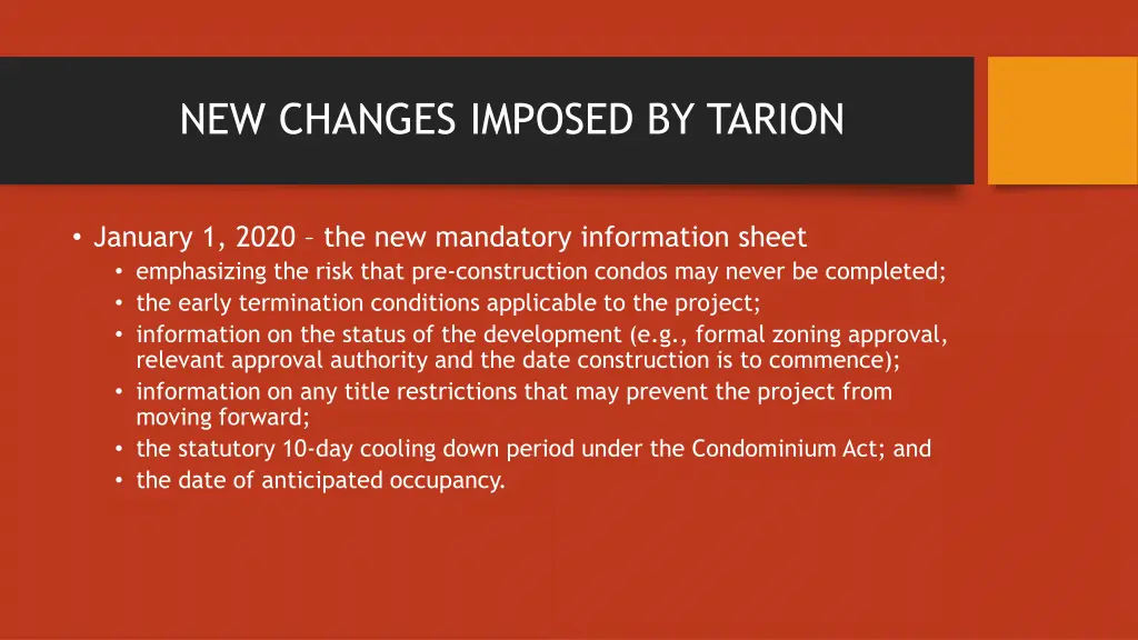 new changes imposed by tarion