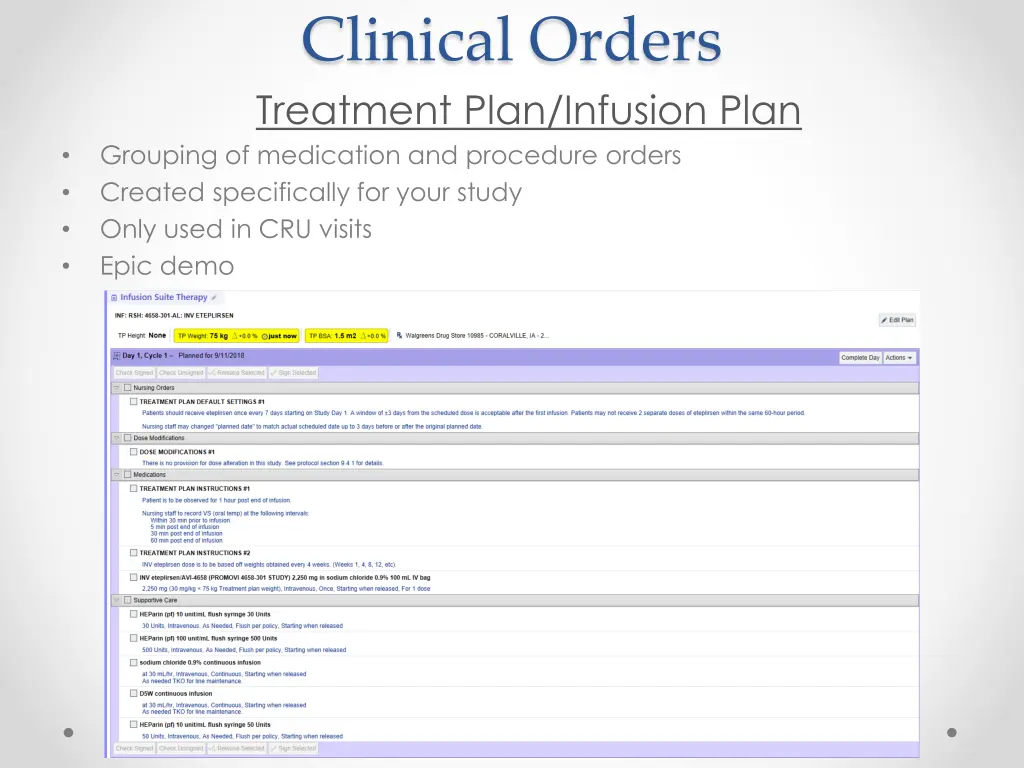 clinical orders treatment plan infusion plan